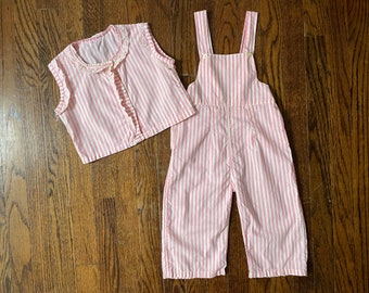 Vintage Toddler Overall Romper Set 1950s/60s Pink Striped Cotton Overalls with Matching Top 3 to 4 Years