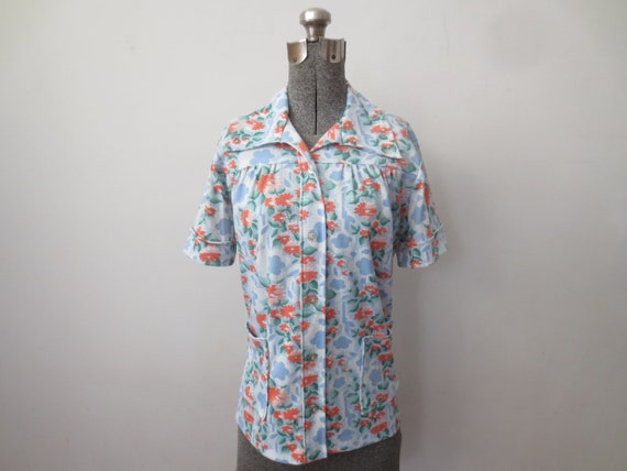Vintage Chore Shirt 1970s Floral Poly Print House… - image 1