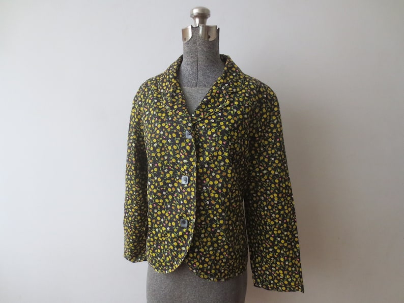 Vintage /'60s Black Yellow Floral Cotton Cropped Blazer Jacket 40-42 Inch Bust Fully Line w Killer Square Buttons