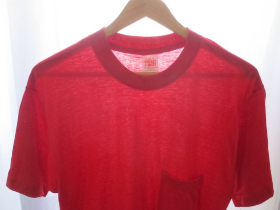 Vintage T-Shirt 1970s/80s Pocket Tee Bright Red C… - image 3