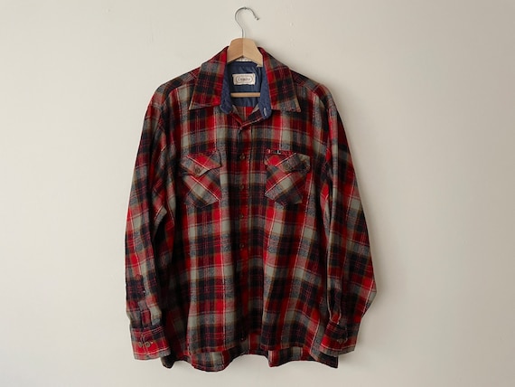 Vintage Flannel Shirt 1970s Men's Esquire Plaid F… - image 1