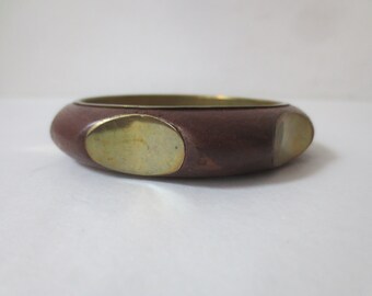 Vintage Wooden Bangle 1960s/1970s Chunky Brass Base with Wood Overlay Made in India
