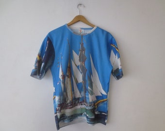 Vintage McGregor Shirt 1960s/70s Saturday N Sunday All-Over Photo Print T-Shirt Tall Ship Dewarutji Large