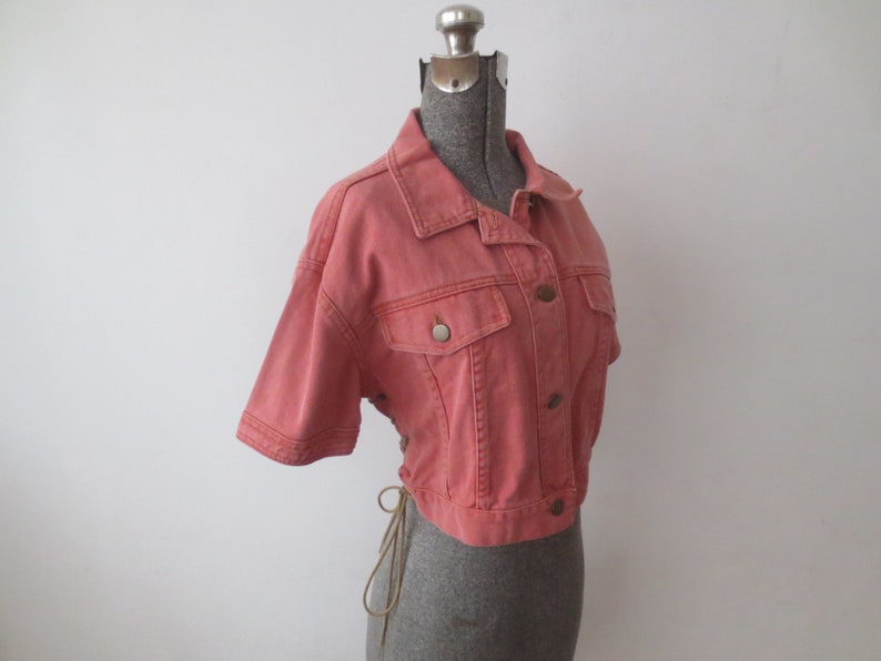 Vintage /'80s Frederick/'s of Hollywood Jean Jacket Cropped Salmon Pink Short Sleeve w Side Laces Large