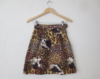 Vintage Leopard Skirt 1960s/70s Wild Animal Print A-Line Mini Skirt with Side Zipper 25/26 Inch Waist