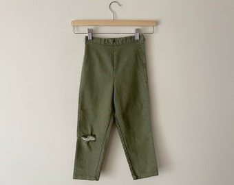 Vintage 1960s Girls Pants High Waisted with Tapered Legs & Side Zip Closure Olive Stretch Denim 6-7 Years