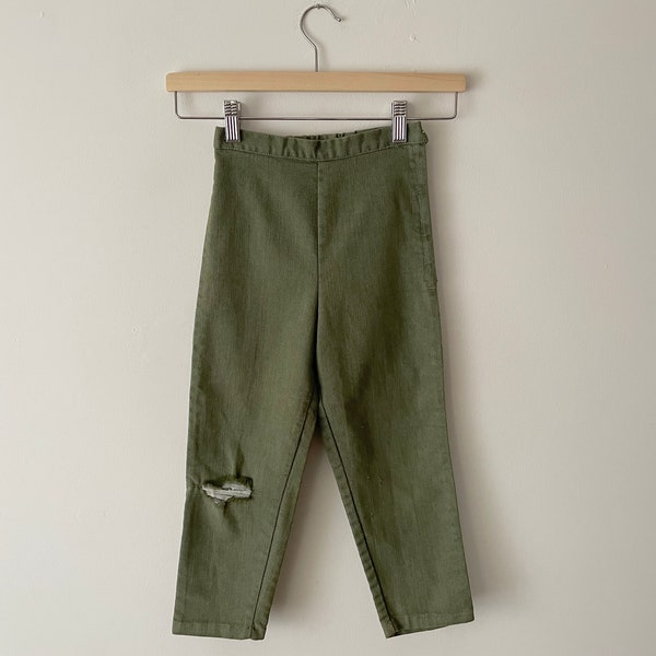 Vintage 1960s Girls Pants High Waisted with Tapered Legs & Side Zip Closure Olive Stretch Denim 6-7 Years
