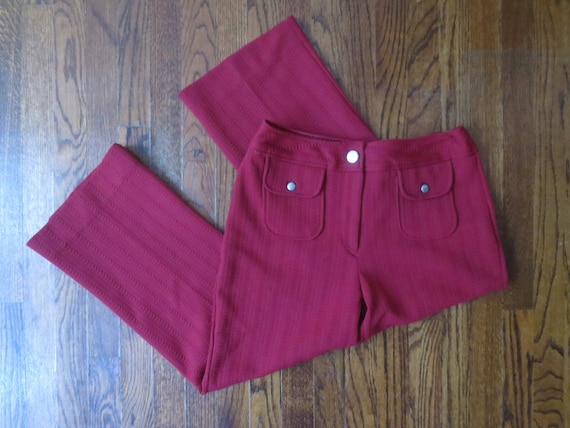 Vintage 1970s Kmart Burgundy Textured Poly Low Rise Wide Leg Pants W/ Front  Patch Pockets No Back Pockets 30 X 26 