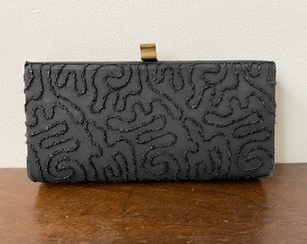 Vintage 1950s/1960s Clutch Killer Black Gabardine Box Purse with Sparkly Squiggly Corded Detailing 8 x 4 x 2 Inches