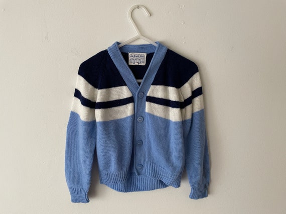 Vintage Kids Cardigan 1970s Acrylic Knit in Navy … - image 1