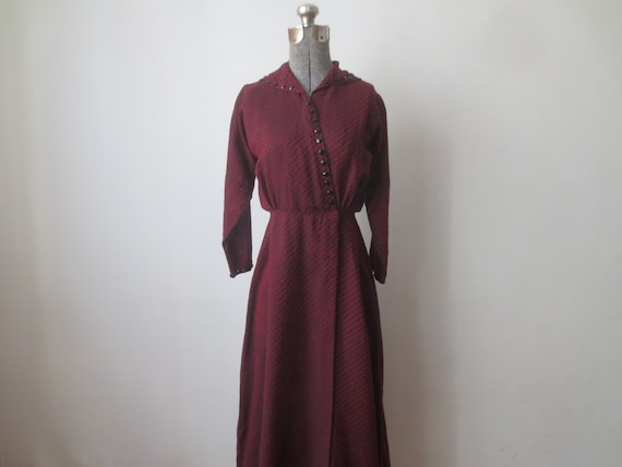 Vintage 1930s Dress Burgundy & Black Swiss Dot Tr… - image 1