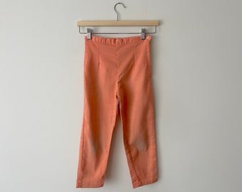 Vintage 1960s Girls Pants High Waisted with Tapered Legs & Side Zip Closure Salmon Stretch Denim 7-8 Years AS IS