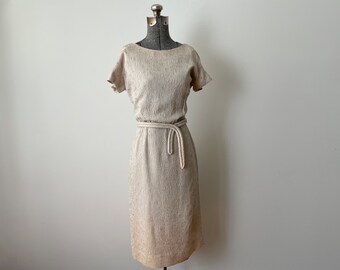 Vintage 1960s/1970s Dress, Textured Crepe Shift w/ Rhinestone Detailed Bodice & Belt, AS IS / FLAWED Vintage, 38 Inch Bust