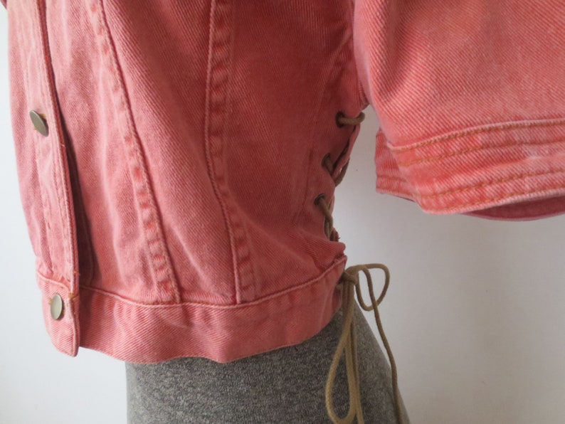 Vintage /'80s Frederick/'s of Hollywood Jean Jacket Cropped Salmon Pink Short Sleeve w Side Laces Large