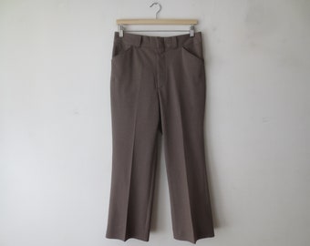 Vintage Poly Trousers 1970s Finely Striped Polyester in Brown & Black with Flat Front Wide Cropped Legs 31 x 25