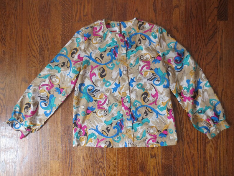 Vintage /'90s Judy Bond Wild Print Balloon Sleeve Blouse Back Keyhole Closure /& Shoulder Pads MedLarge