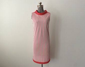 Vintage 1960s MOD Dress Red & White Candy Stripe Stretchy Nylon XS Small 34/36 Inch Bust