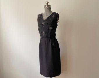 Vintage 1950s Rayon Cocktail Dress Clever Blouson V-Neck with Glass Rhinestone & Pearly Clusters 40 Inch Bust