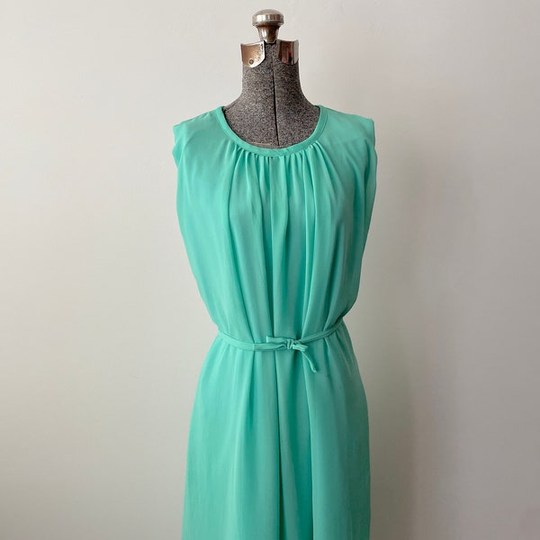 Vintage 1960s Nightgown in Seafoam Green Chiffon with Nylon Lining Adorable Gathers and Matching Belt Med/Large