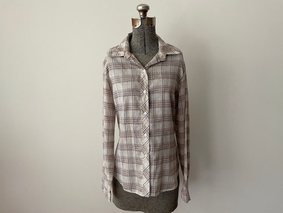 Vintage 1970s Plaid Blouse Paper Thin Nearly Shee… - image 1