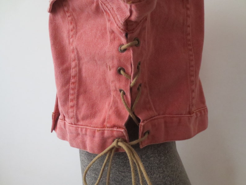 Vintage /'80s Frederick/'s of Hollywood Jean Jacket Cropped Salmon Pink Short Sleeve w Side Laces Large