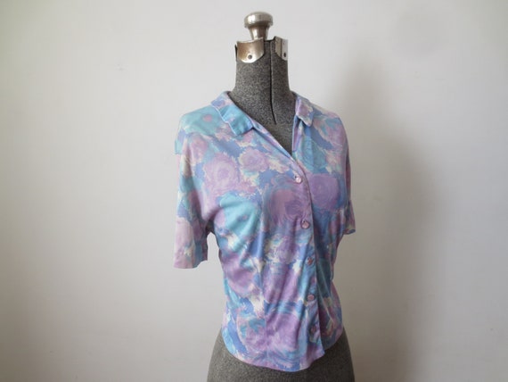 Vintage 1950s Blouse Silky Floral Print with Kill… - image 2