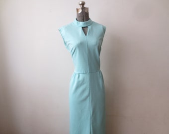 Vintage '70s Sears Fashions Powder Blue Poly Maxi Dress w/ Killer Keyhole Neckline & Front Slit, 38 Inch Bust