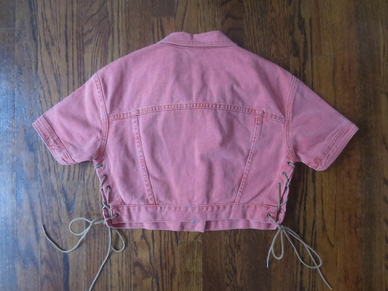 Vintage /'80s Frederick/'s of Hollywood Jean Jacket Cropped Salmon Pink Short Sleeve w Side Laces Large