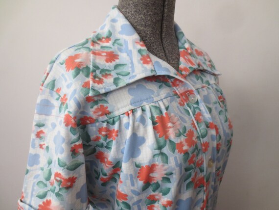 Vintage Chore Shirt 1970s Floral Poly Print House… - image 3