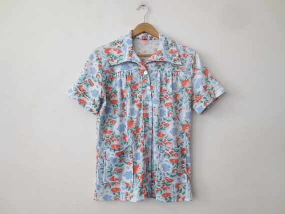 Vintage Chore Shirt 1970s Floral Poly Print House… - image 4