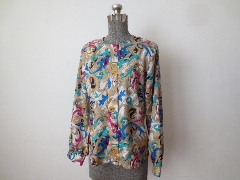 Vintage /'90s Judy Bond Wild Print Balloon Sleeve Blouse Back Keyhole Closure /& Shoulder Pads MedLarge