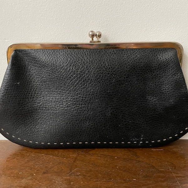 Vintage 1960s/1970s Clutch Killer Thick Black Textured Faux-Leather with Gold Kiss Lock Hardware 11.5 x 6 inches