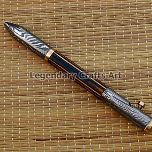 Caneta de aço damasco e madeira feita à mão – instrumento de escrita de luxo – presente exclusivo para escritores e colecionadores