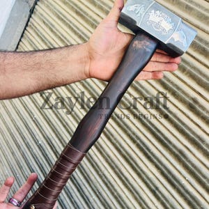 Handcrafted Thor Hammer | Custom Mjolnir with Leather Grip & Engraved Horseman Head| Norse Gift | Viking Decor | Marvel-Inspired Prop
