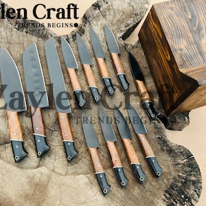 12-Piece Handmade Knife Set | 3 Chef Knives and 9 Steak Knives with Wooden Handles & Block | High Carbon Steel Kitchen Knife Set
