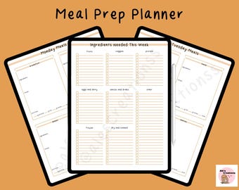 May include: A meal prep planner with the text "Meal Prep Planner" at the top. The planner includes sections for "Monday Meals" and "Tuesday Meals", with space for ingredients, recipes, and nutritional information. The center page lists "Ingredients Needed This Week".