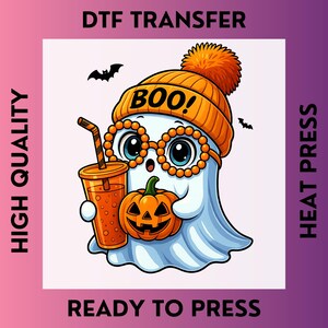 Boo Ghost with Pumpkin Drink Fall Spooky DTF Transfer: Halloween Ghost Ready to Press