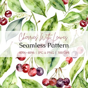 Kirschen mit Blättern Aquarell Musterdesign - Süße Früchte Digitales Papier für Scrapbooking, Kunsthandwerk & Sommerdesign - Kommerzielle Nutzung.
