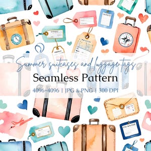Sommer-Koffer und Gepäckanhänger Aquarell Musterdesign - Reise-Digital-Papier für Scrapbooking, Handwerk & Design - Kommerzielle Nutzung.
