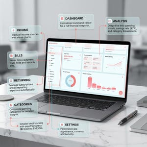 May include: A laptop displaying a financial budget software interface with various data widgets. Text labels include Dashboard, Income, Bills, Recurring, Categories, Analysis, and Settings, pointing to specific sections of the digital dashboard.