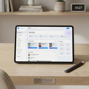 Può includere: Un tablet che mostra un'interfaccia dashboard Anime Tracker con sezioni per la visione, la libreria e azioni rapide. Uno stilo poggia sulla scrivania accanto al tablet. Una targhetta metallica sulla scrivania riporta la scritta ANIME TRACKER PREMIUM DASHBOARD.