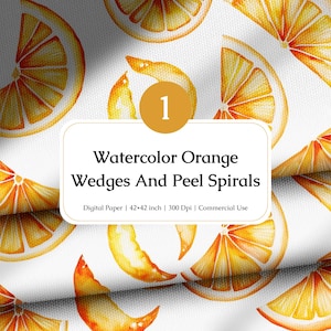 Orange Wedges and Peel Spirals Watercolor Seamless Pattern – Citrus Digital Paper for Fabric Design, Summer Crafts, and Scrapbooking.