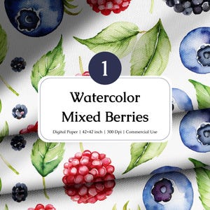 Mixed Berries Watercolor Seamless Pattern, Blueberry, Raspberry & Blackberry Digital Paper for Fabric Design, Scrapbooking, Craft Projects