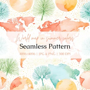 Weltkarte in Sommerfarben Aquarell Muster - Reisepapier für Scrapbooking, Handwerk & Abenteuer Design - Kommerzielle Nutzung.