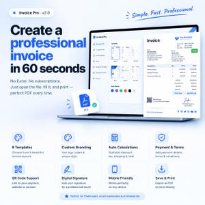 May include: A laptop displaying the Invoice Pro v2.0 software interface with a sample invoice document. The screen shows template options, color palettes, and a detailed invoice layout. Below are eight icons representing features like templates, branding, and QR codes.