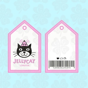May include: Two rectangular white tags with pink borders and a hole at the top. The left tag features a black cat illustration wearing a pink hat, with the text JELLYCAT LONDON. The right tag displays a barcode, the text 1LOVEJ3LLYCAT5, and icons.