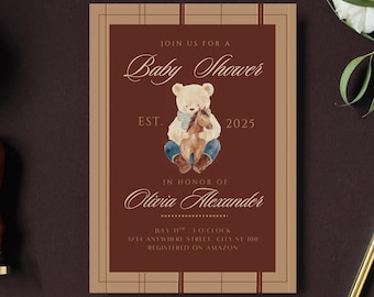 Preppy Teddy Bear Baby Shower Invitation: Ralph Lauren Inspired, Editable Canva Template