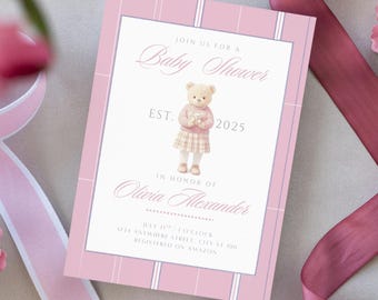 Pink Teddy Bear Baby Shower Invitation: Preppy Plaid Design (Canva Template, Digital Download