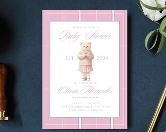 Pink Teddy Bear Baby Shower Invitation: Preppy Plaid Design (Canva Template, Digital Download)