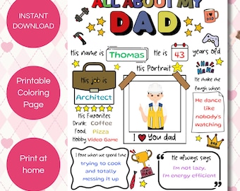 Todo sobre mi papá (imprimible): página para colorear para niños, regalo para el Día del Padre (PDF)